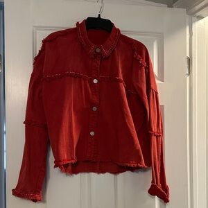 Red Denim Jacket with Silver Studs